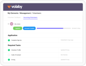 Volaby dashboard demonstrating volunteer application tracking